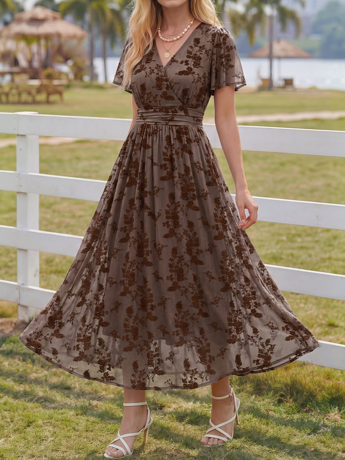 Summer Floral V Neck Maxi Dresses with Pockets