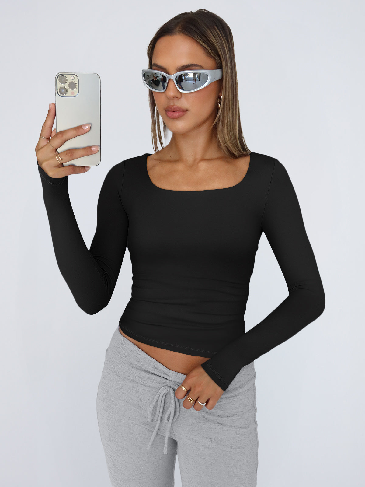 AUTOMET 4 Pack Double Lined Womens Long Sleeve Scoop Neck Slim Fitted Basic Tops