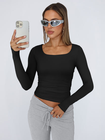 AUTOMET 4 Pack Double Lined Womens Long Sleeve Scoop Neck Slim Fitted Basic Tops