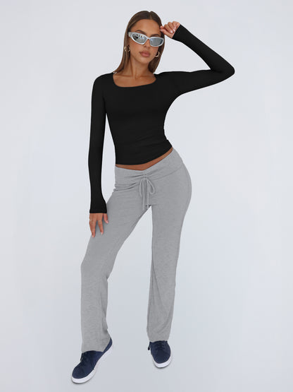 AUTOMET 4 Pack Double Lined Womens Long Sleeve Scoop Neck Slim Fitted Basic Tops