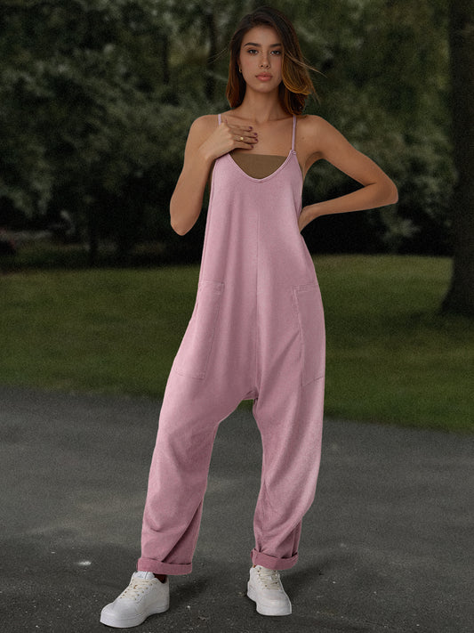 Women Casual Overalls Jumpsuits Loose Sleeveless Adjustable Spaghetti Strap Wide Leg Long Pants Romper with Pockets