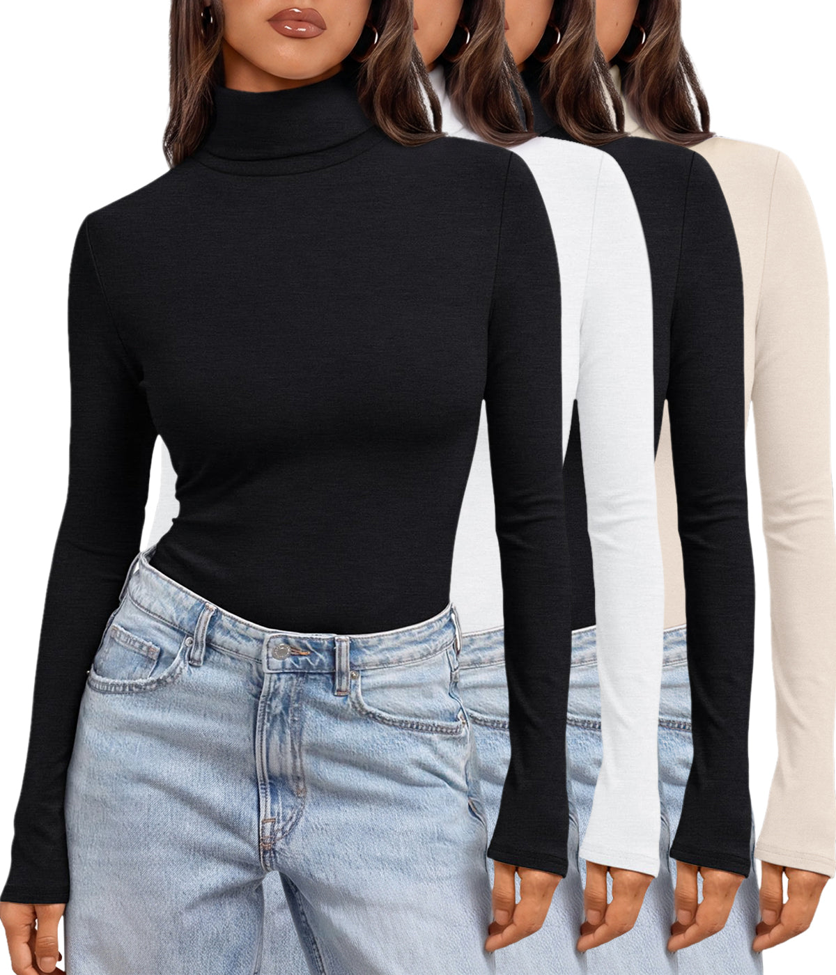 AUTOMET 4 Pack Women's Turtleneck Long Sleeve Shirts Slim Fit Basic Tops Soft Stretchy Fit, Lightweight Base Layer, Fall & Winter Undershirt