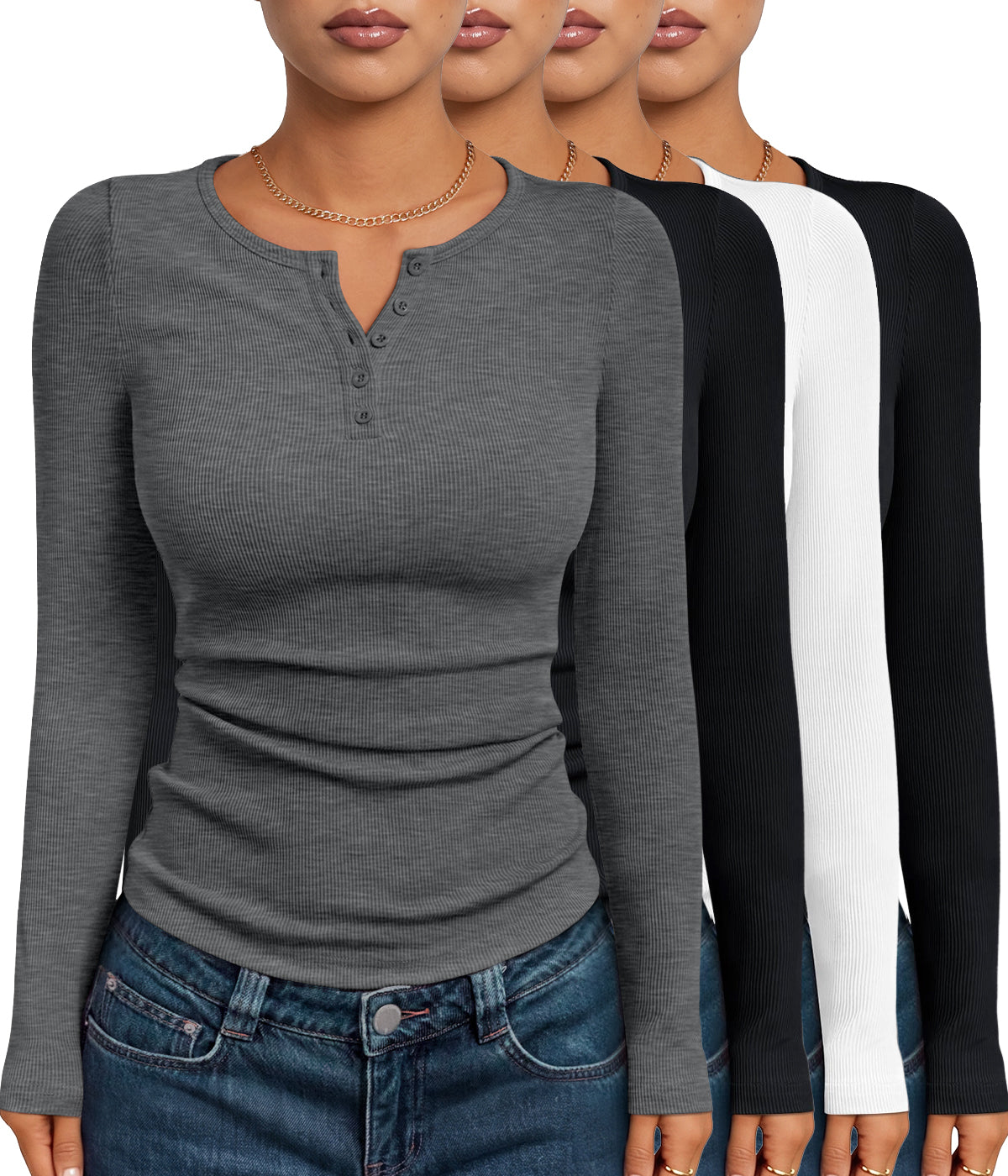 AUTOMET Women's 4 Packs Long Sleeve Shirts Henley Ribbed Cute Winter Tops | Comfy Stretchy/Ribbed Fitted/Business Casual/Basic Tees/Work Tops/Fall Teacher Outfits/Layering Winter Clothes