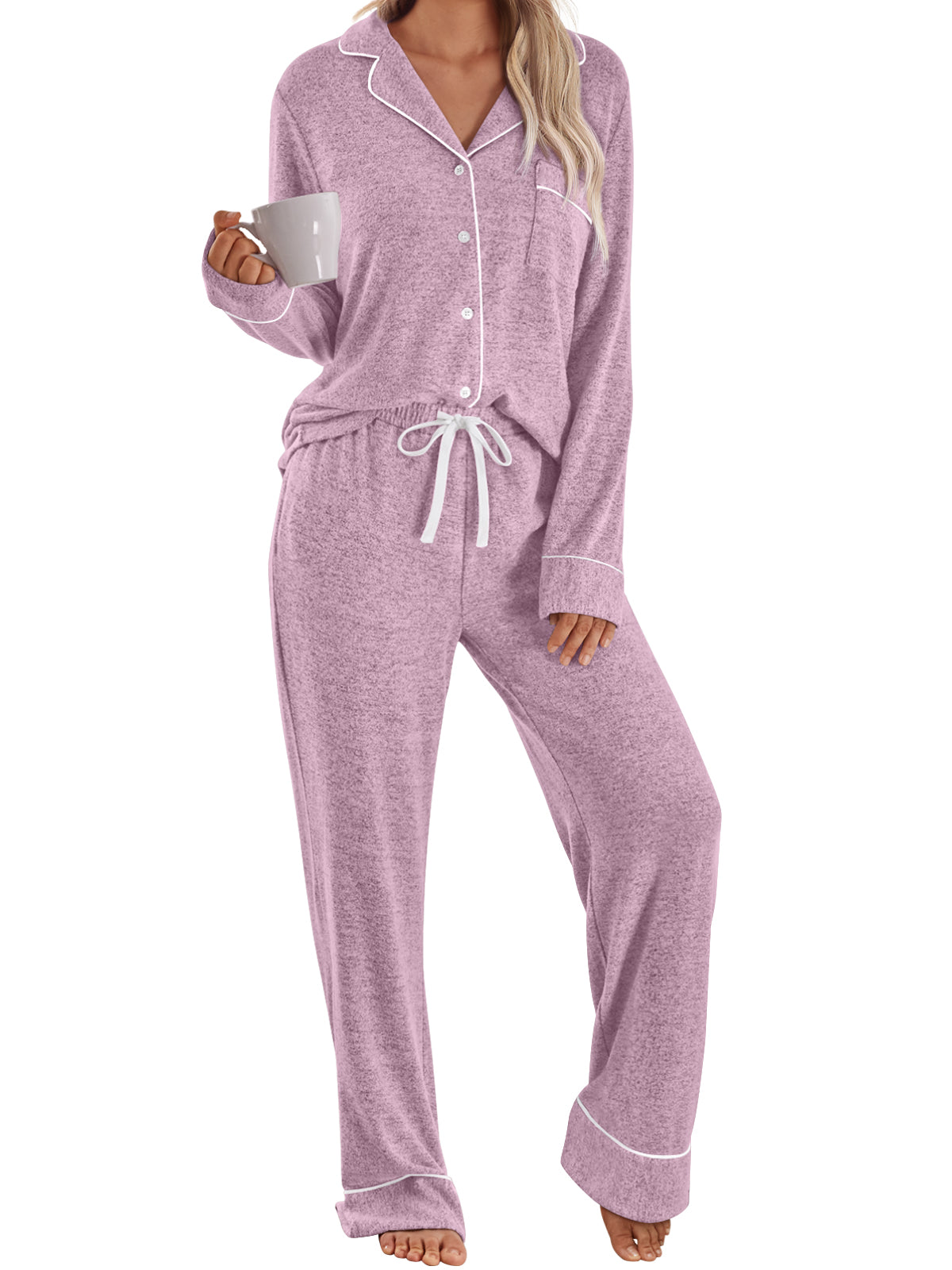 Automet Women‘s Long Sleeve Button-Down Pajama Set - Soft Minimalist Loungewear