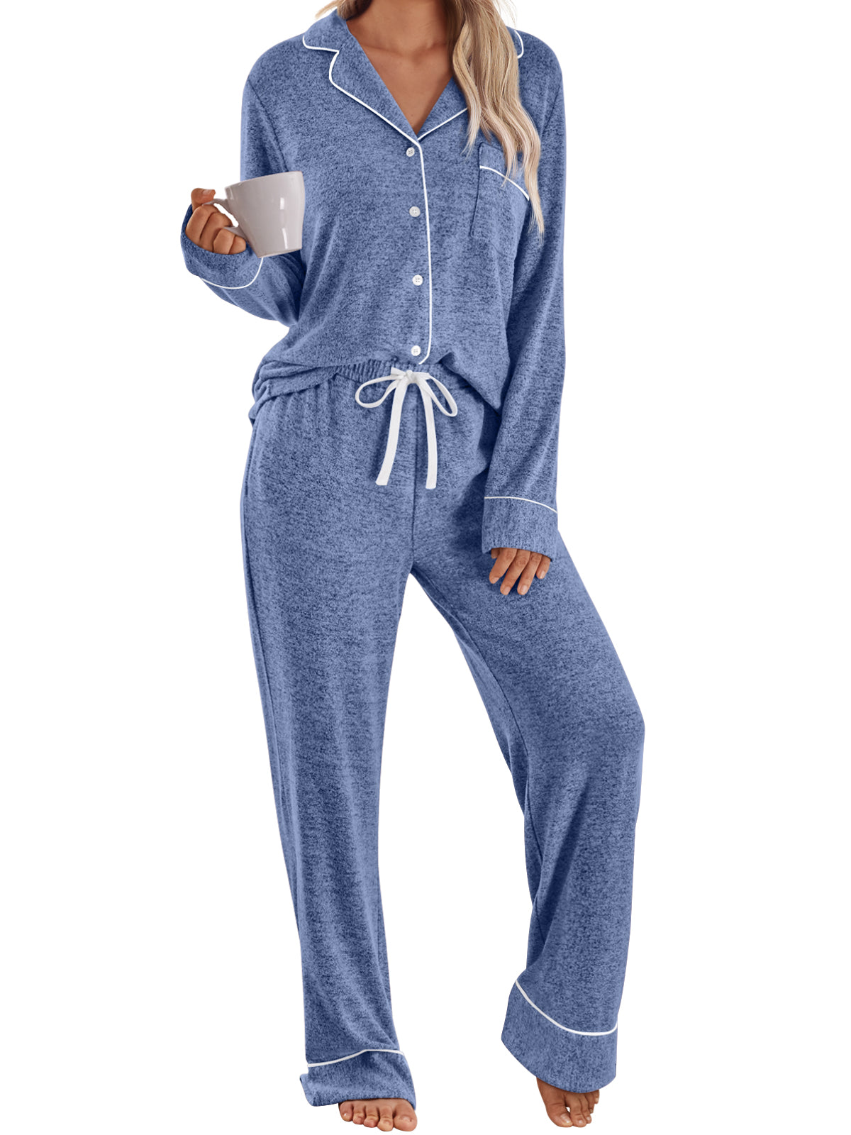 Automet Women‘s Long Sleeve Button-Down Pajama Set - Soft Minimalist Loungewear